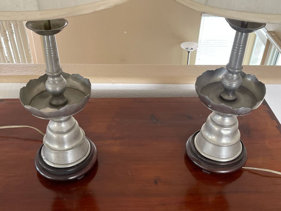 Pair Of Chinese Silver Tone Table Lamps With Wooden Bases 31H (Needs New Shades) [Photo 8]