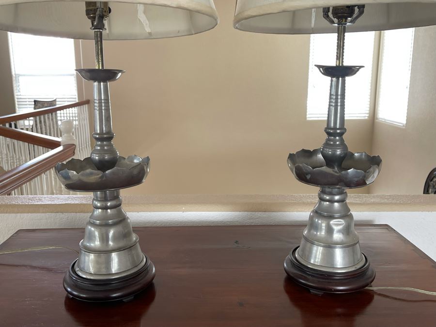 Pair Of Chinese Silver Tone Table Lamps With Wooden Bases 31H (Needs New Shades) [Photo 5]