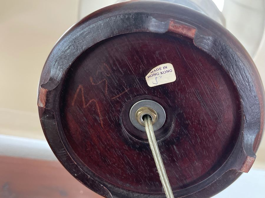 Pair Of Chinese Silver Tone Table Lamps With Wooden Bases 31H (Needs New Shades) [Photo 9]