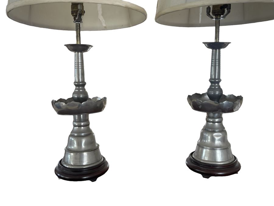 Pair Of Chinese Silver Tone Table Lamps With Wooden Bases 31H (Needs New Shades)