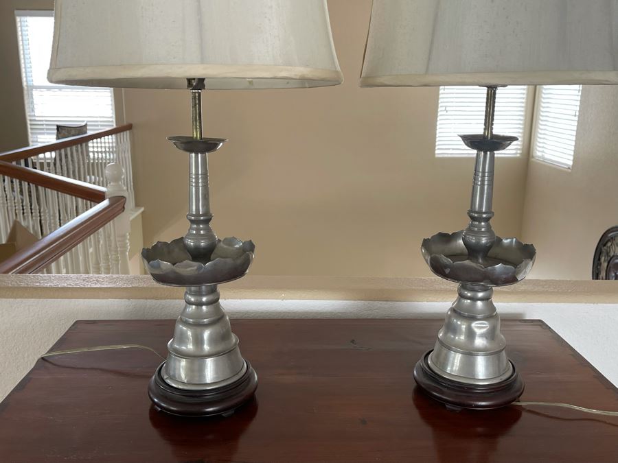 Pair Of Chinese Silver Tone Table Lamps With Wooden Bases 31H (Needs New Shades) [Photo 3]