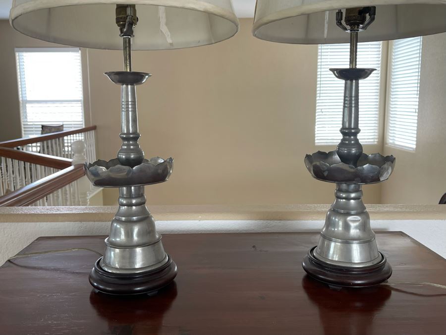 Pair Of Chinese Silver Tone Table Lamps With Wooden Bases 31H (Needs New Shades) [Photo 4]