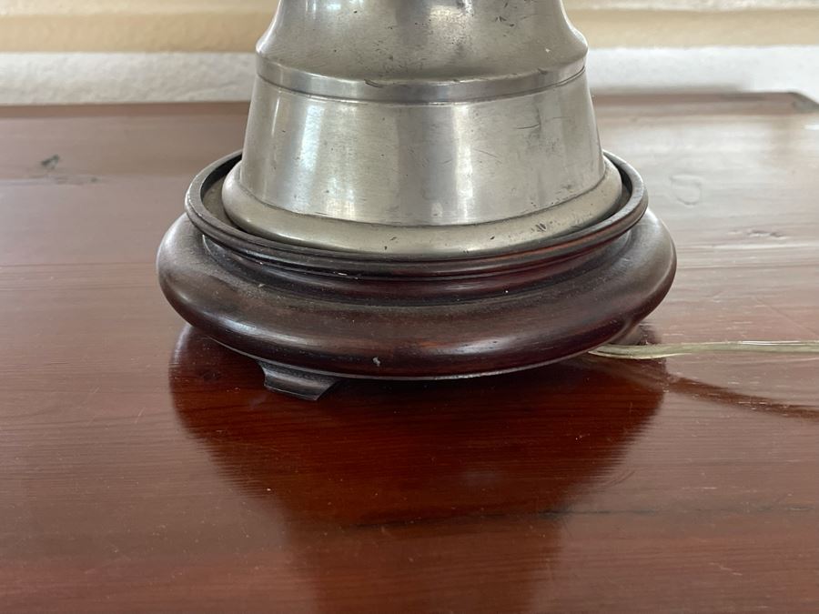 Pair Of Chinese Silver Tone Table Lamps With Wooden Bases 31H (Needs New Shades) [Photo 7]