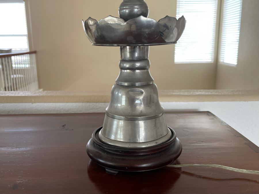 Pair Of Chinese Silver Tone Table Lamps With Wooden Bases 31H (Needs New Shades) [Photo 6]