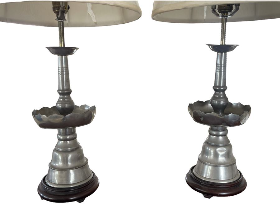 Pair Of Chinese Silver Tone Table Lamps With Wooden Bases 31H (Needs New Shades) [Photo 2]