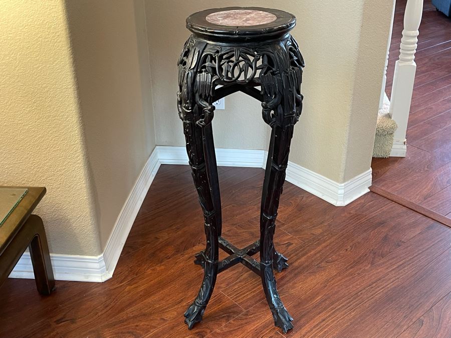 Antique Chinese Rosewood Carved Fern Stand Side Table With Marble Top 15W X 36H [Photo 3]