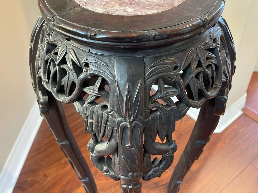 Antique Chinese Rosewood Carved Fern Stand Side Table With Marble Top 15W X 36H [Photo 22]