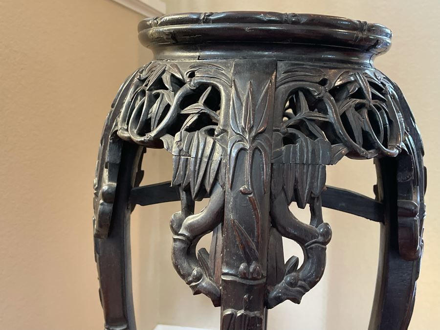 Antique Chinese Rosewood Carved Fern Stand Side Table With Marble Top 15W X 36H [Photo 17]