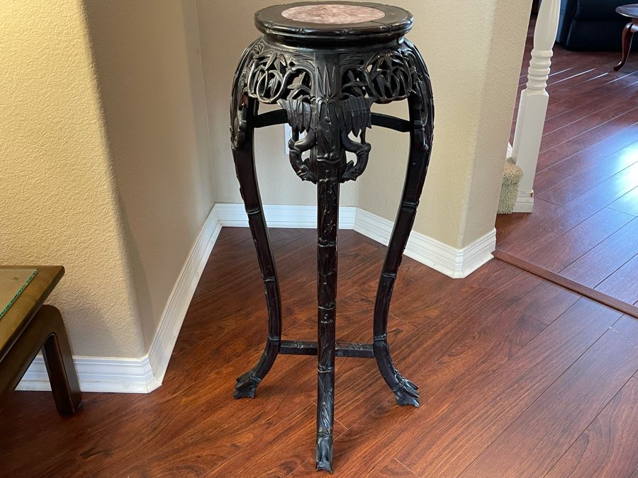 Antique Chinese Rosewood Carved Fern Stand Side Table With Marble Top 15W X 36H [Photo 9]