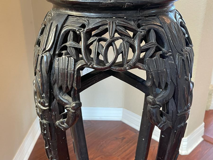 Antique Chinese Rosewood Carved Fern Stand Side Table With Marble Top 15W X 36H [Photo 6]