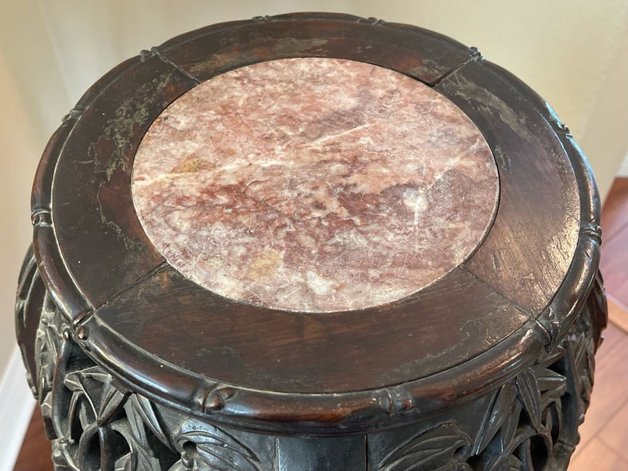 Antique Chinese Rosewood Carved Fern Stand Side Table With Marble Top 15W X 36H [Photo 21]