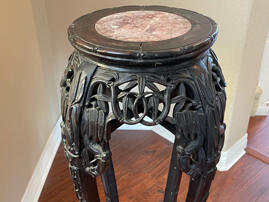 Antique Chinese Rosewood Carved Fern Stand Side Table With Marble Top 15W X 36H [Photo 5]