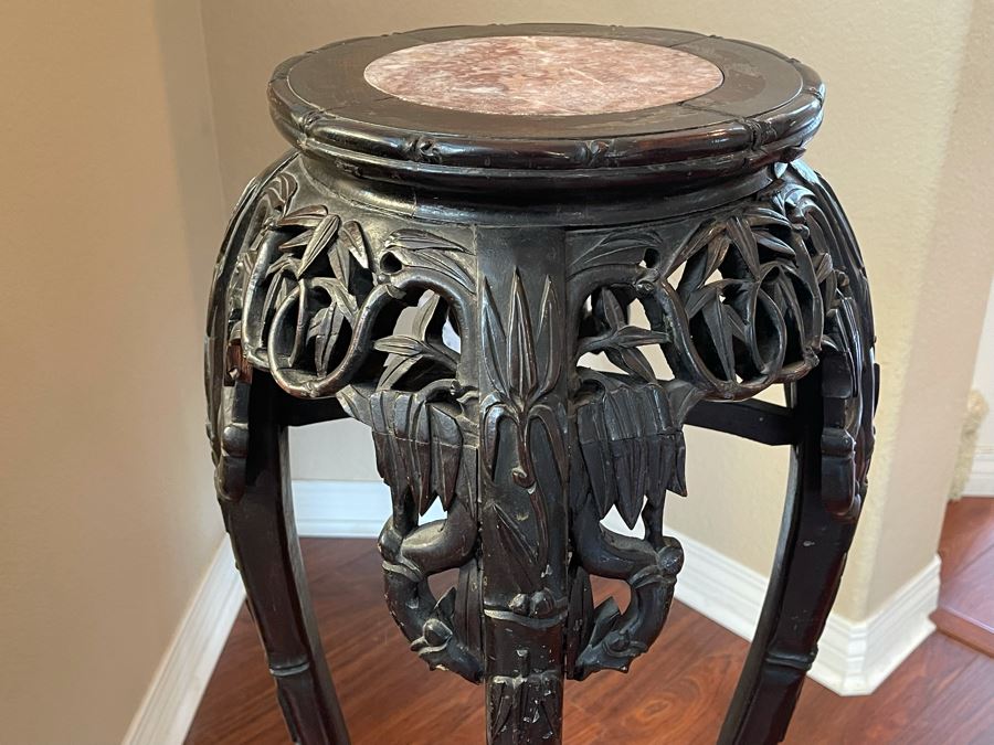 Antique Chinese Rosewood Carved Fern Stand Side Table With Marble Top 15W X 36H [Photo 10]