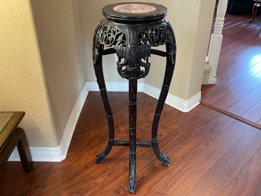 Antique Chinese Rosewood Carved Fern Stand Side Table With Marble Top 15W X 36H [Photo 1]