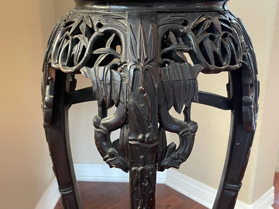 Antique Chinese Rosewood Carved Fern Stand Side Table With Marble Top 15W X 36H [Photo 11]