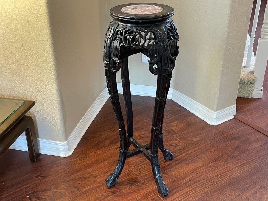 Antique Chinese Rosewood Carved Fern Stand Side Table With Marble Top 15W X 36H [Photo 4]