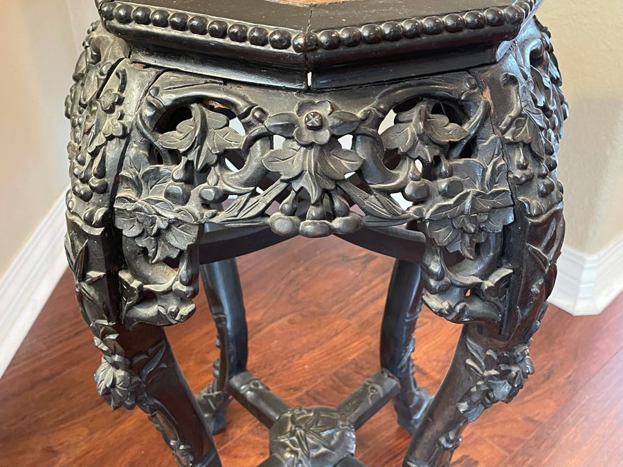 Antique Chinese Rosewood Carved Fern Stand Side Table With Marble Top 16W X 24H [Photo 7]