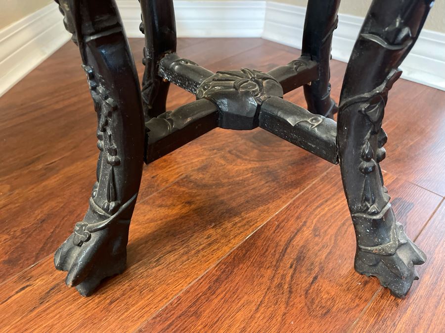 Antique Chinese Rosewood Carved Fern Stand Side Table With Marble Top 16W X 24H [Photo 19]