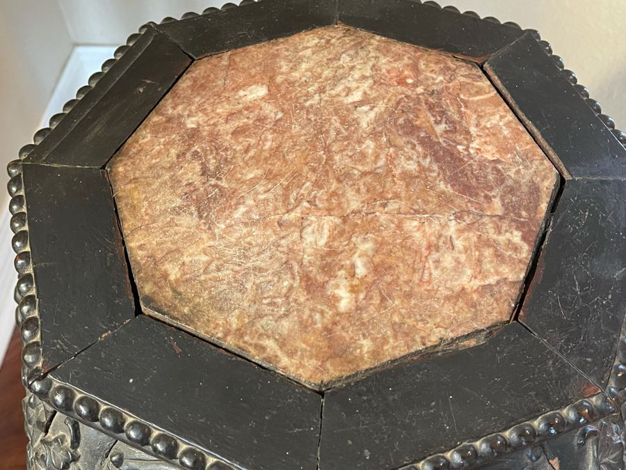 Antique Chinese Rosewood Carved Fern Stand Side Table With Marble Top 16W X 24H [Photo 9]