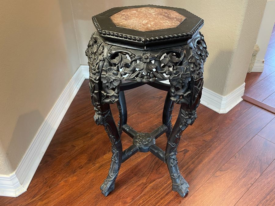 Antique Chinese Rosewood Carved Fern Stand Side Table With Marble Top 16W X 24H [Photo 5]