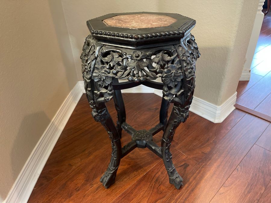 Antique Chinese Rosewood Carved Fern Stand Side Table With Marble Top 16W X 24H [Photo 18]