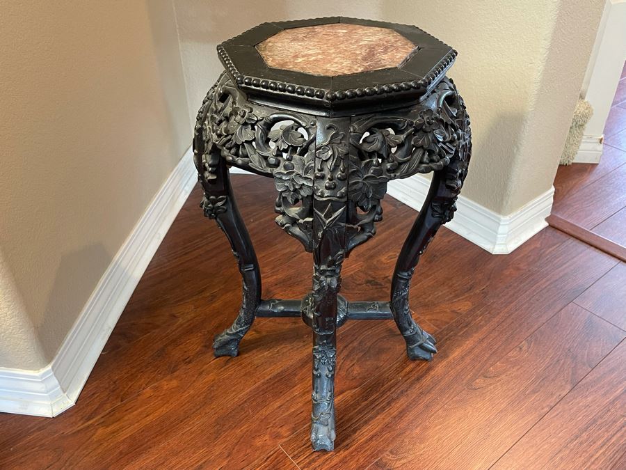 Antique Chinese Rosewood Carved Fern Stand Side Table With Marble Top 16W X 24H