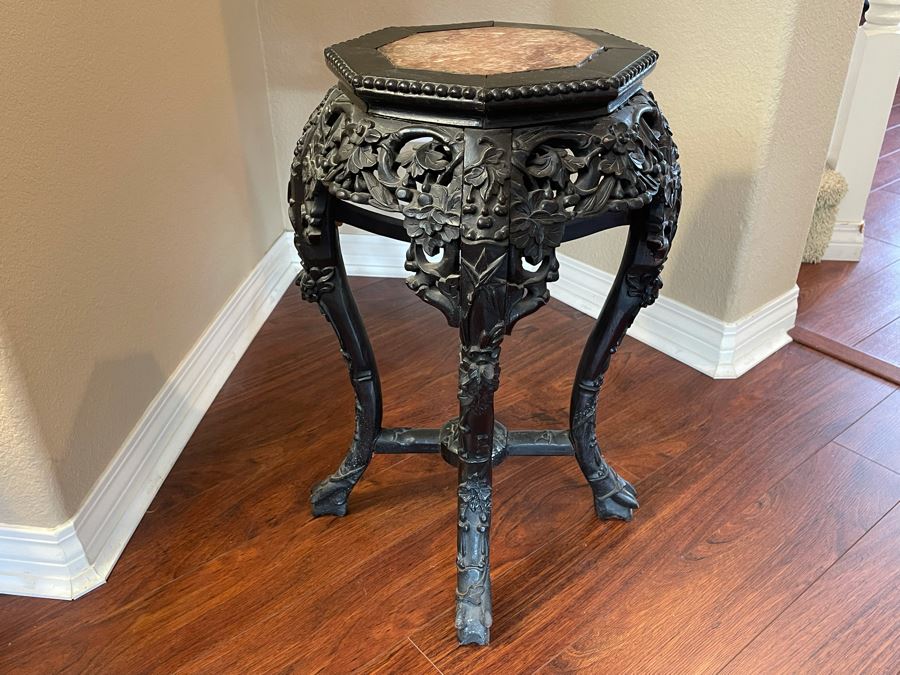 Antique Chinese Rosewood Carved Fern Stand Side Table With Marble Top 16W X 24H [Photo 2]
