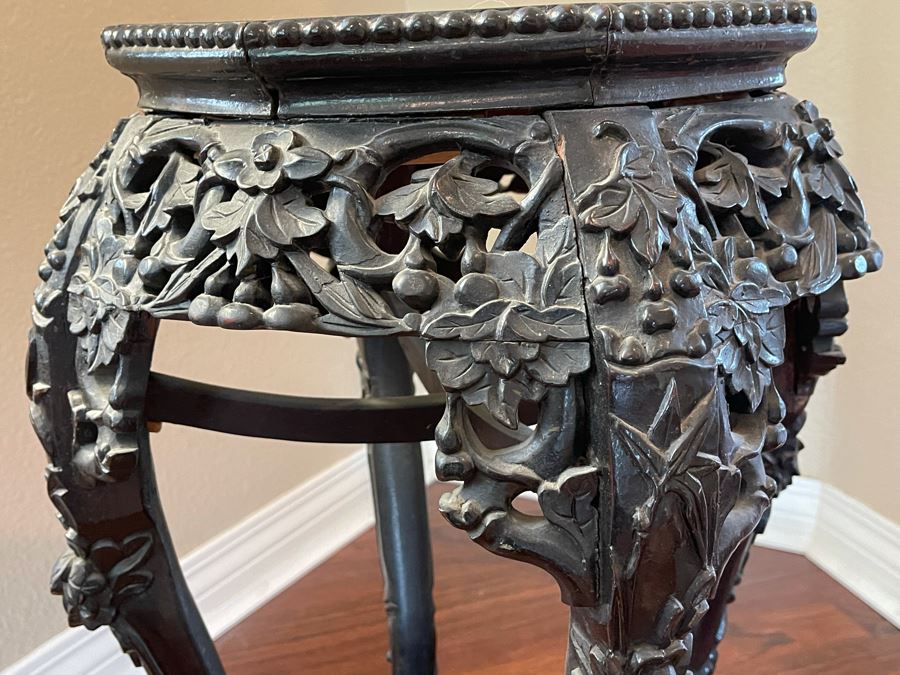 Antique Chinese Rosewood Carved Fern Stand Side Table With Marble Top 16W X 24H [Photo 10]