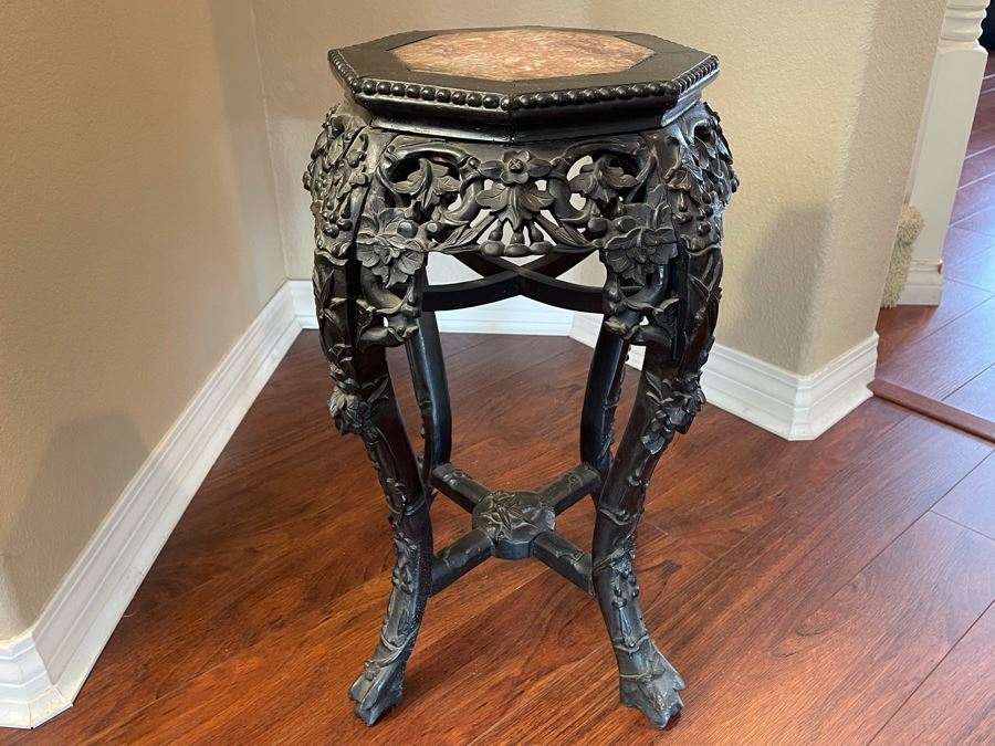 Antique Chinese Rosewood Carved Fern Stand Side Table With Marble Top 16W X 24H [Photo 6]