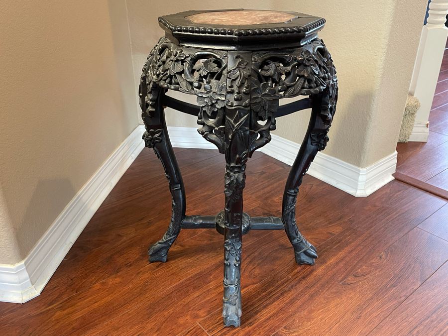 Antique Chinese Rosewood Carved Fern Stand Side Table With Marble Top 16W X 24H [Photo 3]
