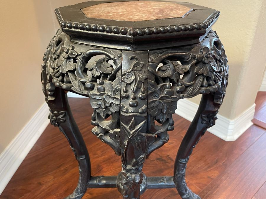 Antique Chinese Rosewood Carved Fern Stand Side Table With Marble Top 16W X 24H [Photo 4]