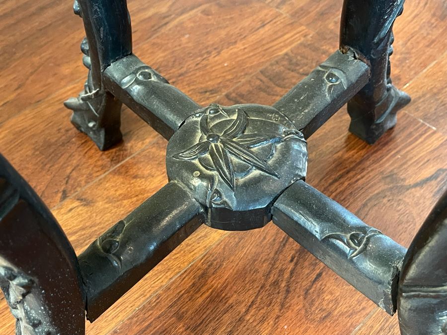 Antique Chinese Rosewood Carved Fern Stand Side Table With Marble Top 16W X 24H [Photo 12]
