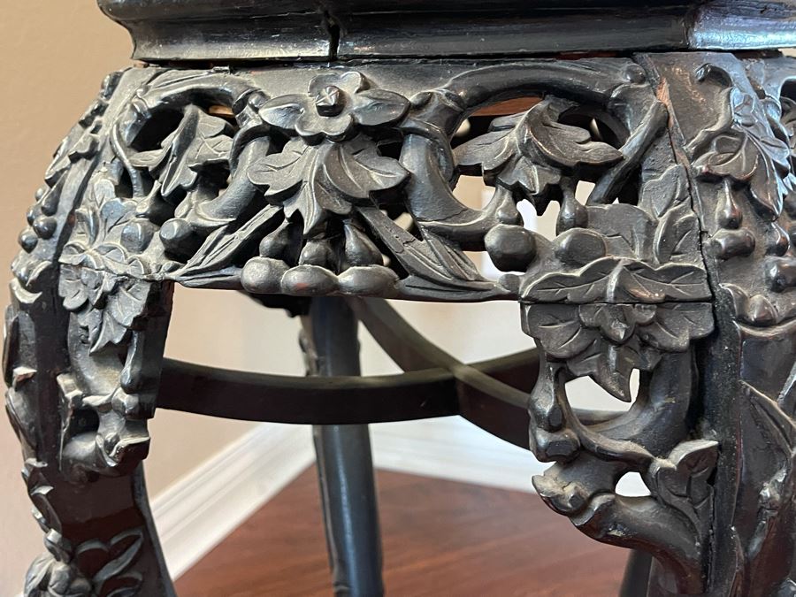 Antique Chinese Rosewood Carved Fern Stand Side Table With Marble Top 16W X 24H [Photo 11]