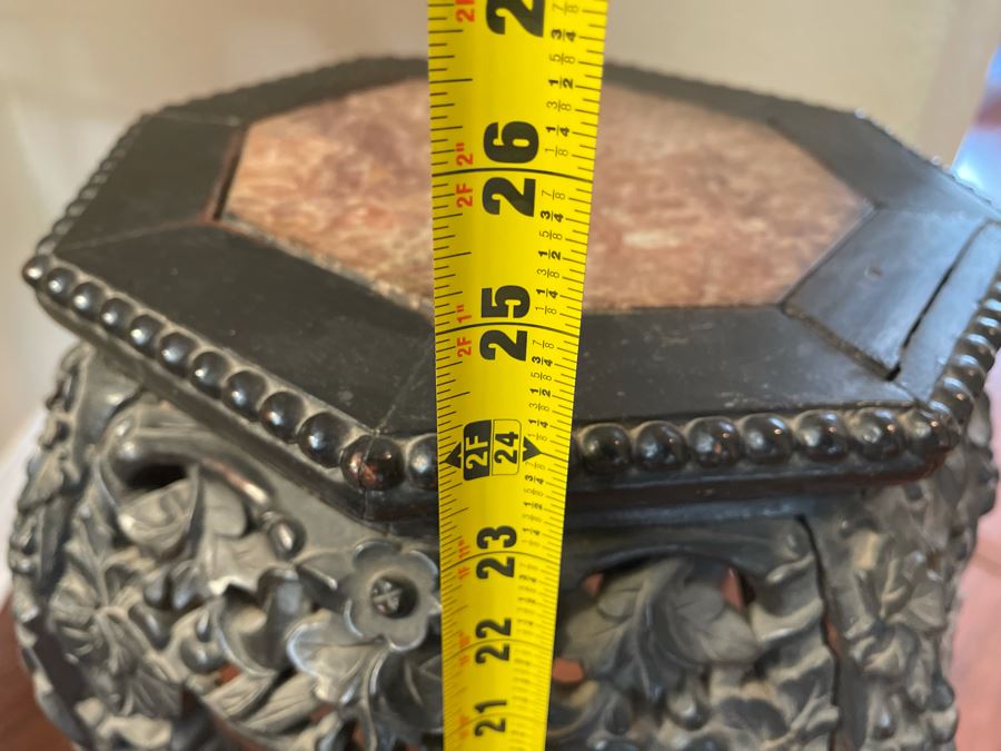 Antique Chinese Rosewood Carved Fern Stand Side Table With Marble Top 16W X 24H [Photo 21]