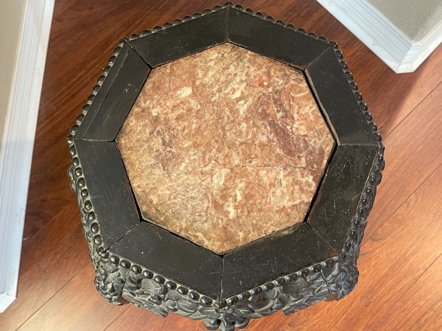 Antique Chinese Rosewood Carved Fern Stand Side Table With Marble Top 16W X 24H [Photo 8]