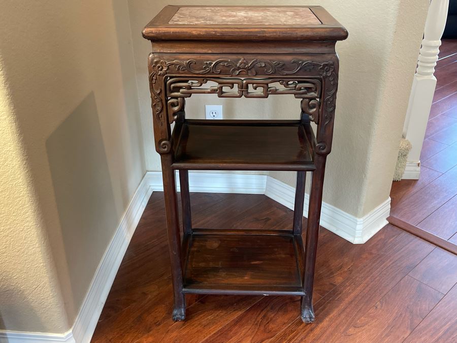Vintage Chinese Rosewood Carved 3-Tier Table With Marble Top 16W X 12D X 33H [Photo 10]