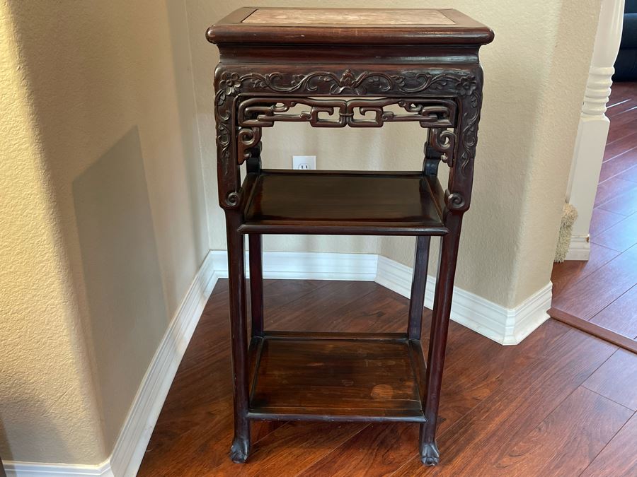Vintage Chinese Rosewood Carved 3-Tier Table With Marble Top 16W X 12D X 33H [Photo 2]