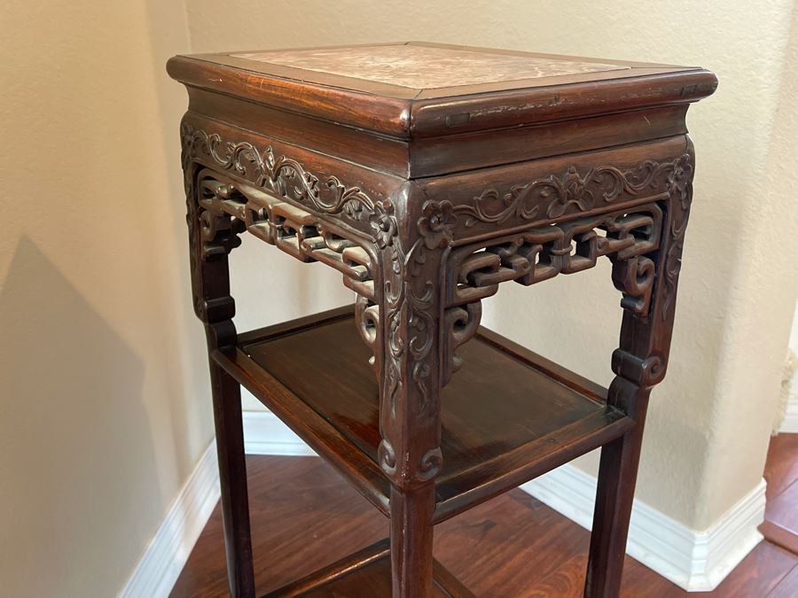 Vintage Chinese Rosewood Carved 3-Tier Table With Marble Top 16W X 12D X 33H [Photo 8]