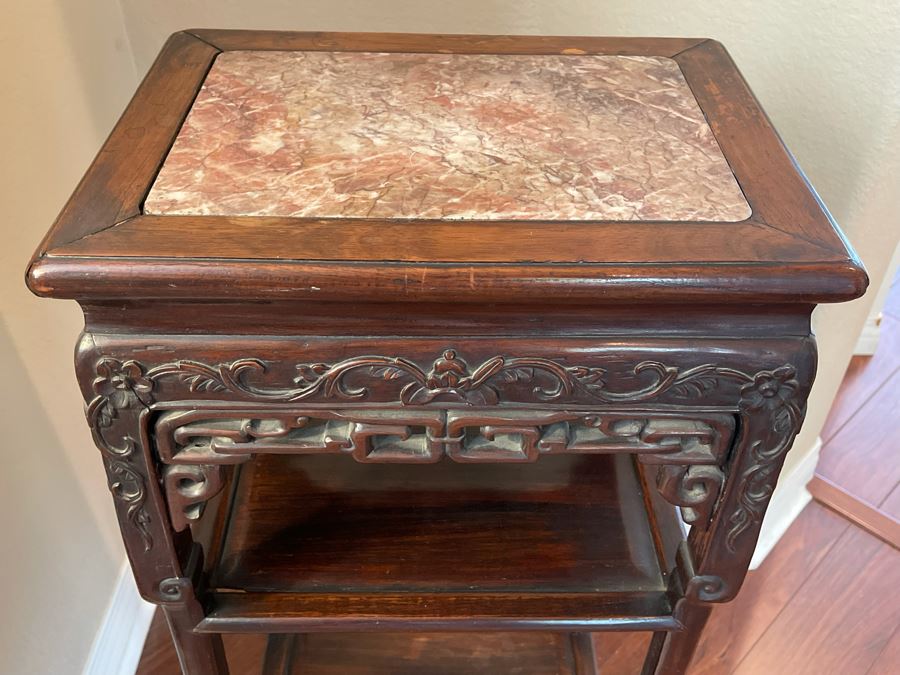 Vintage Chinese Rosewood Carved 3-Tier Table With Marble Top 16W X 12D X 33H [Photo 5]