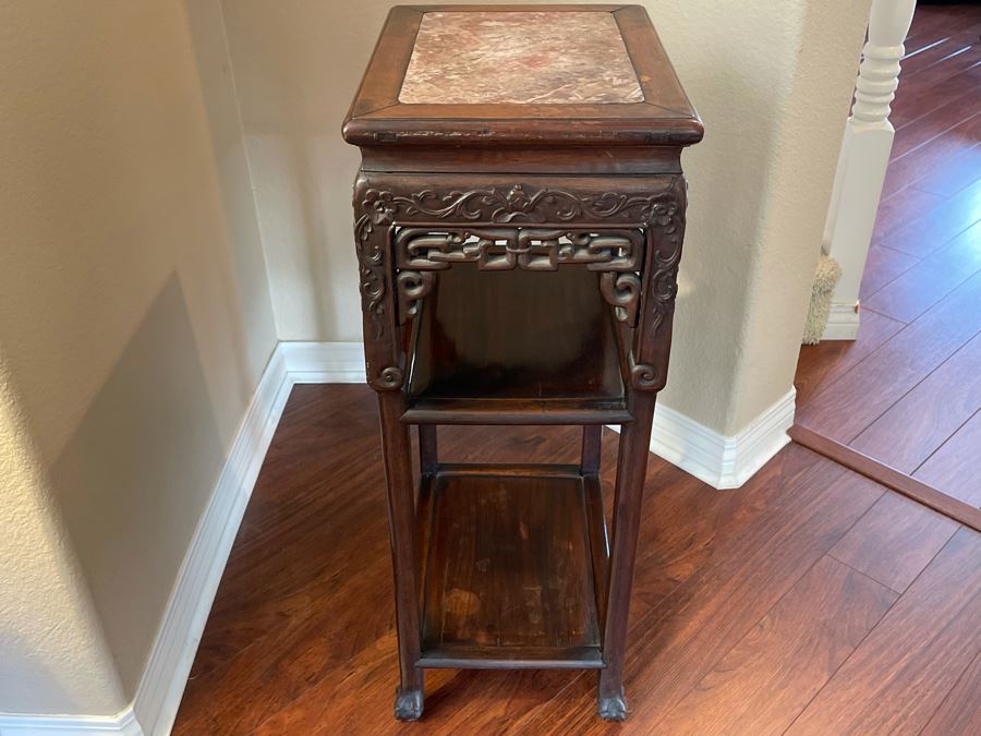 Vintage Chinese Rosewood Carved 3-Tier Table With Marble Top 16W X 12D X 33H [Photo 9]