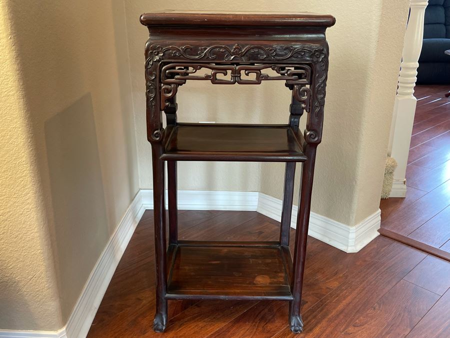 Vintage Chinese Rosewood Carved 3-Tier Table With Marble Top 16W X 12D X 33H [Photo 3]