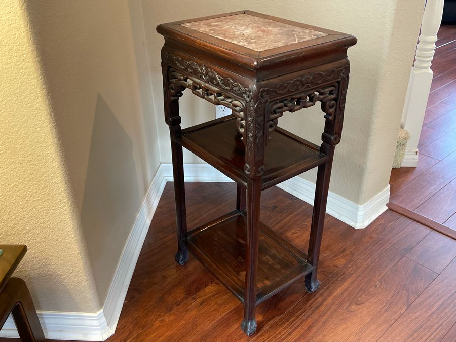 Vintage Chinese Rosewood Carved 3-Tier Table With Marble Top 16W X 12D X 33H [Photo 7]