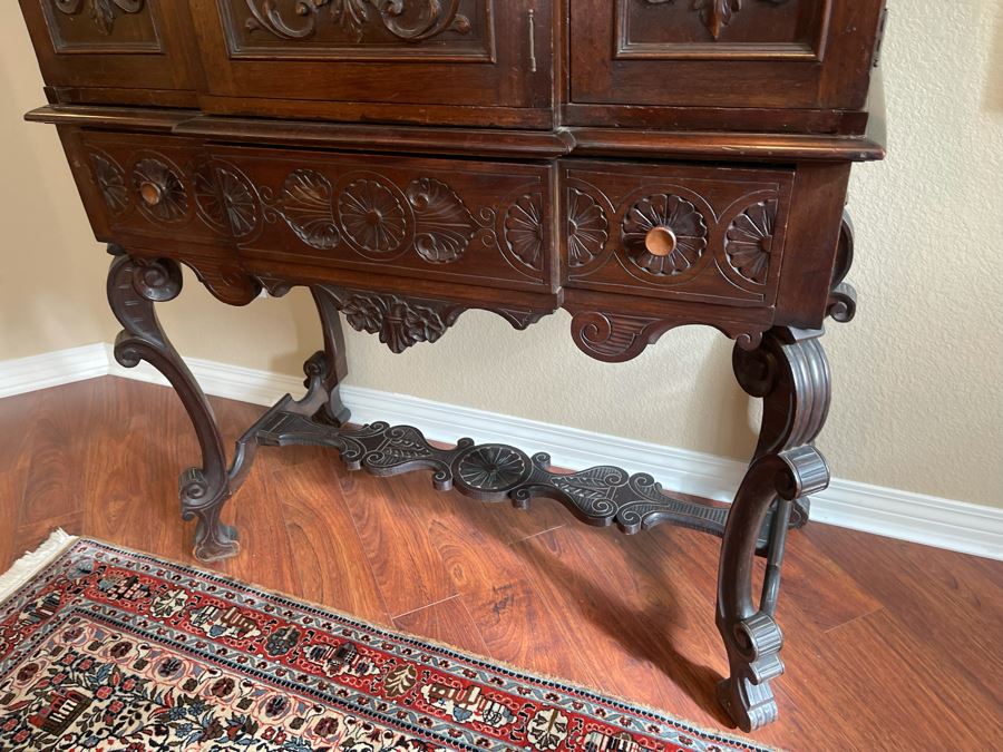 Impressive Antique Carved Wood Secretary Desk 2-Piece Cabinet 41W X 21D X 62H [Photo 9]