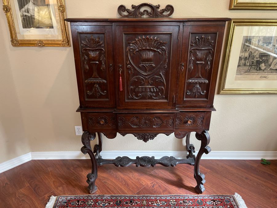 Impressive Antique Carved Wood Secretary Desk 2-Piece Cabinet 41W X 21D X 62H [Photo 1]