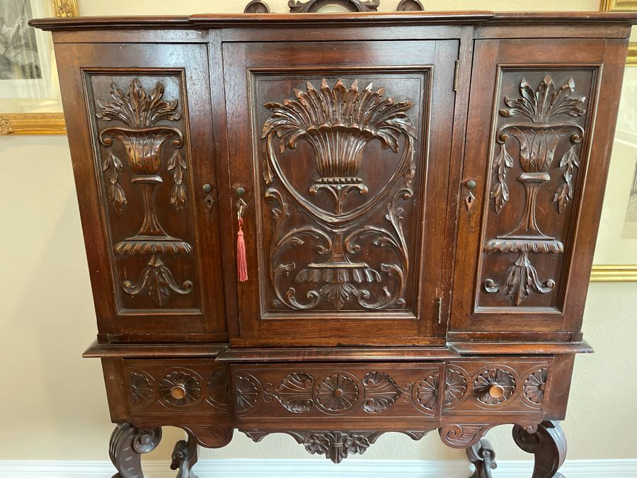 Impressive Antique Carved Wood Secretary Desk 2-Piece Cabinet 41W X 21D X 62H [Photo 7]