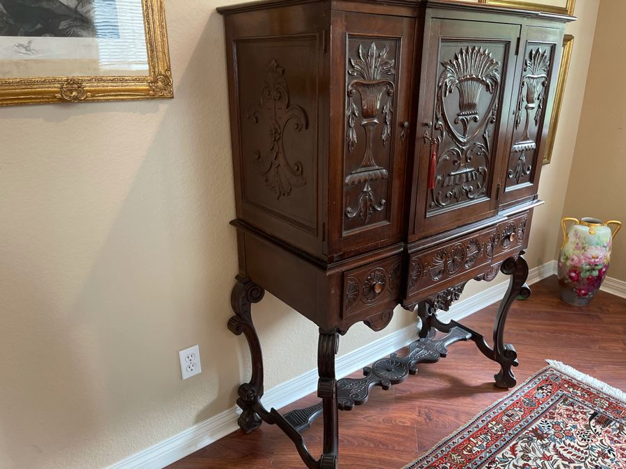 Impressive Antique Carved Wood Secretary Desk 2-Piece Cabinet 41W X 21D X 62H [Photo 14]