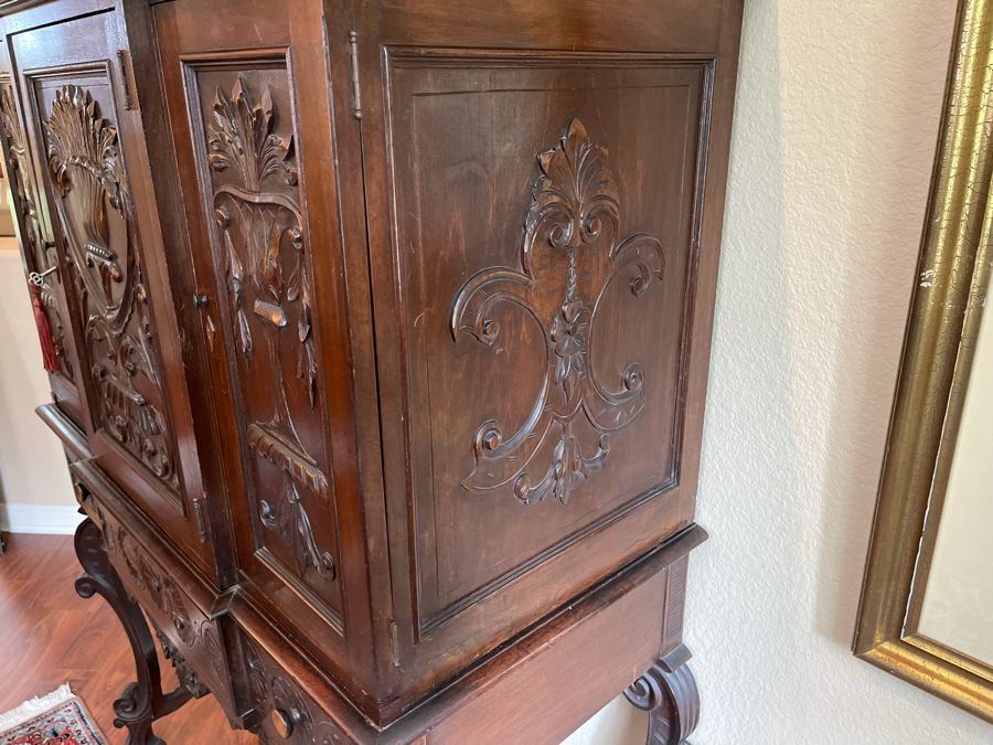 Impressive Antique Carved Wood Secretary Desk 2-Piece Cabinet 41W X 21D X 62H [Photo 10]