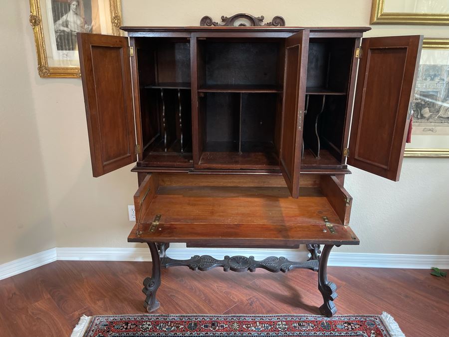 Impressive Antique Carved Wood Secretary Desk 2-Piece Cabinet 41W X 21D X 62H [Photo 24]