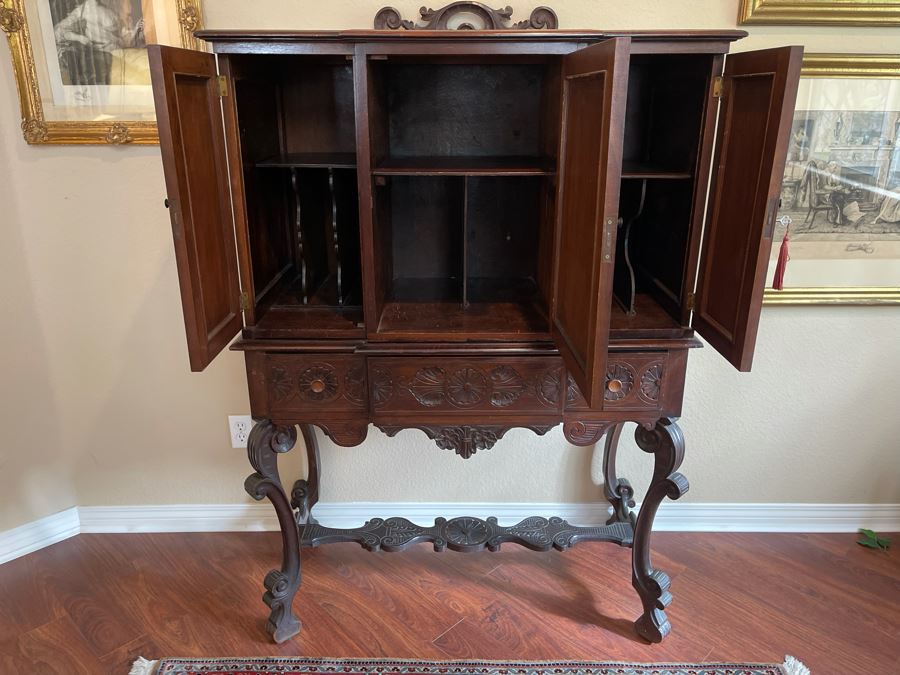 Impressive Antique Carved Wood Secretary Desk 2-Piece Cabinet 41W X 21D X 62H [Photo 18]