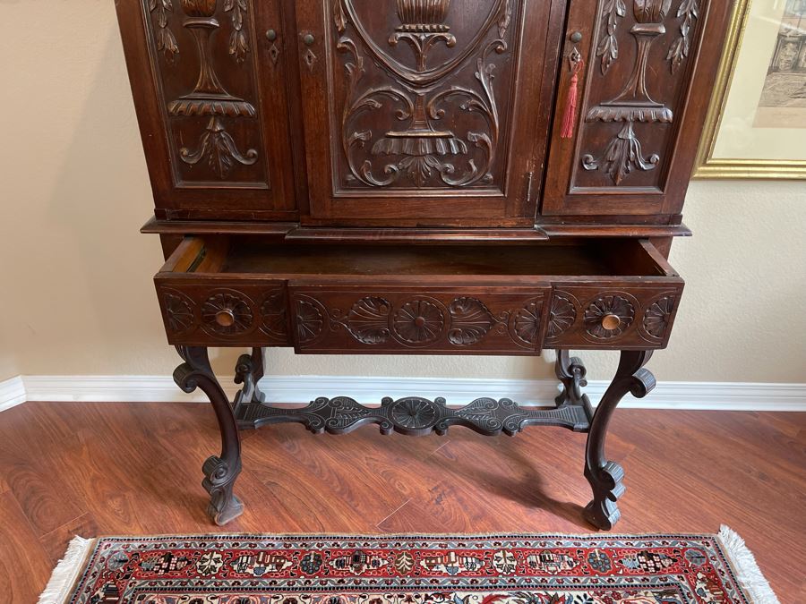 Impressive Antique Carved Wood Secretary Desk 2-Piece Cabinet 41W X 21D X 62H [Photo 21]